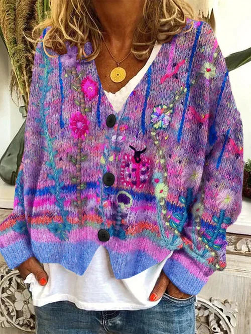 Dame retro cardigan, blød uldflanel, legesygt print, pastelfarvet, perfekt til kølige dage.