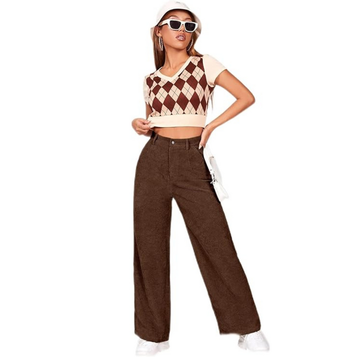 Dame retro bukser, vintage stil, multifarvet; naturlig talje, praktiske lommer.