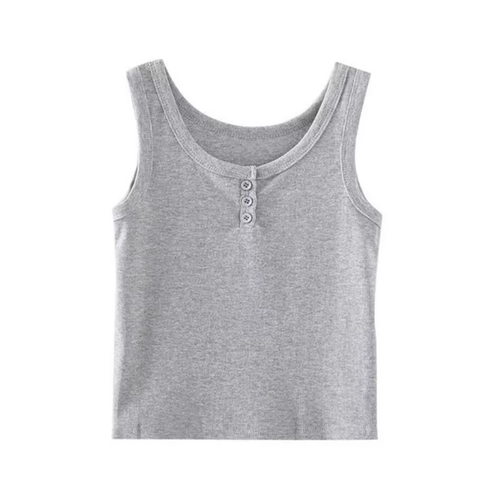 Dame Ribbed Knap Tanktop i Grå, Sort og Hvid med knapper foran og ribbed tekstur