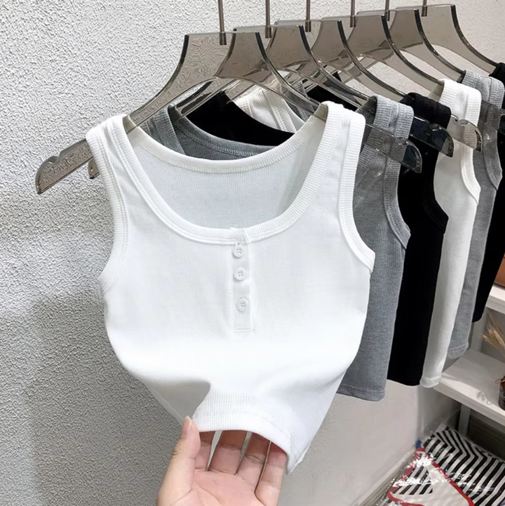 Dame Ribbed Knap Tanktop i Grå, Sort og Hvid med knapper foran og ribbed tekstur