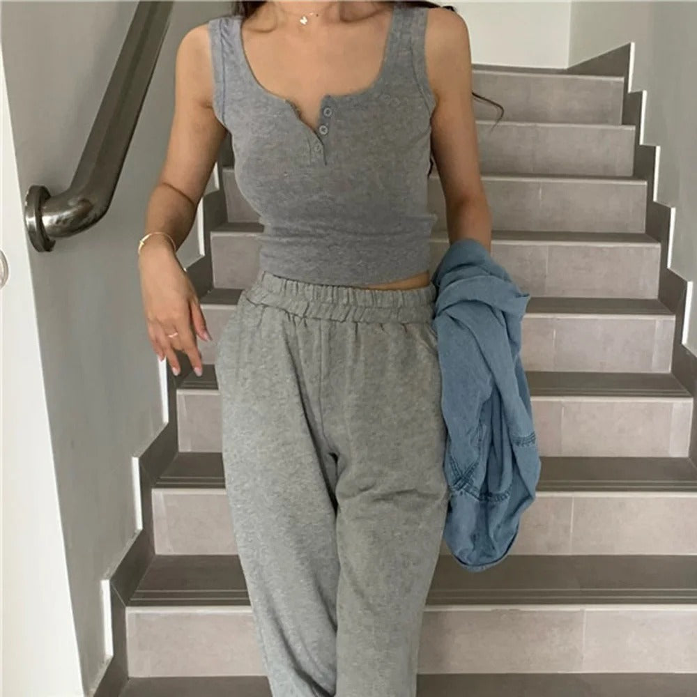 Dame Ribbed Knap Tanktop i Grå, Sort og Hvid med knapper foran og ribbed tekstur