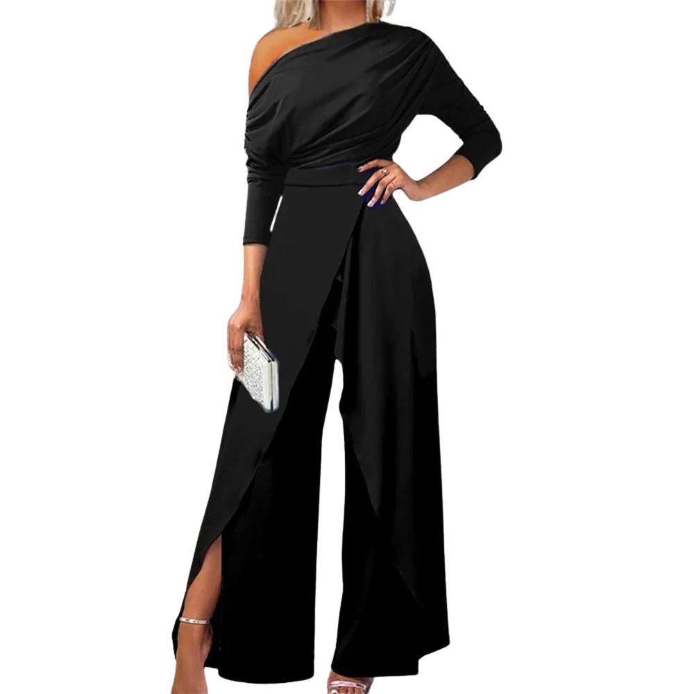 Dame jumpsuit med rynker, vide ben og cold shoulder i blå, elegant og moderne til forår/sommer.
