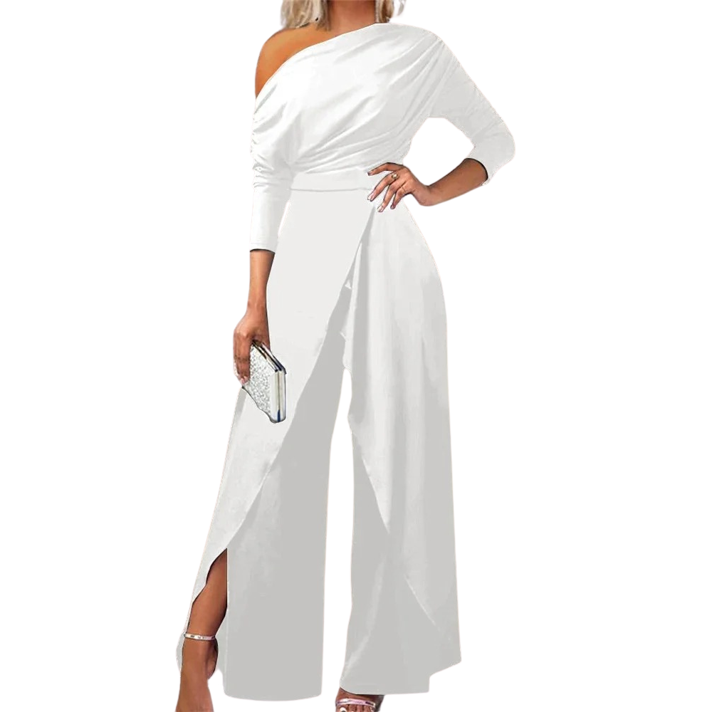 Dame jumpsuit med rynker, vide ben og cold shoulder i blå, elegant og moderne til forår/sommer.