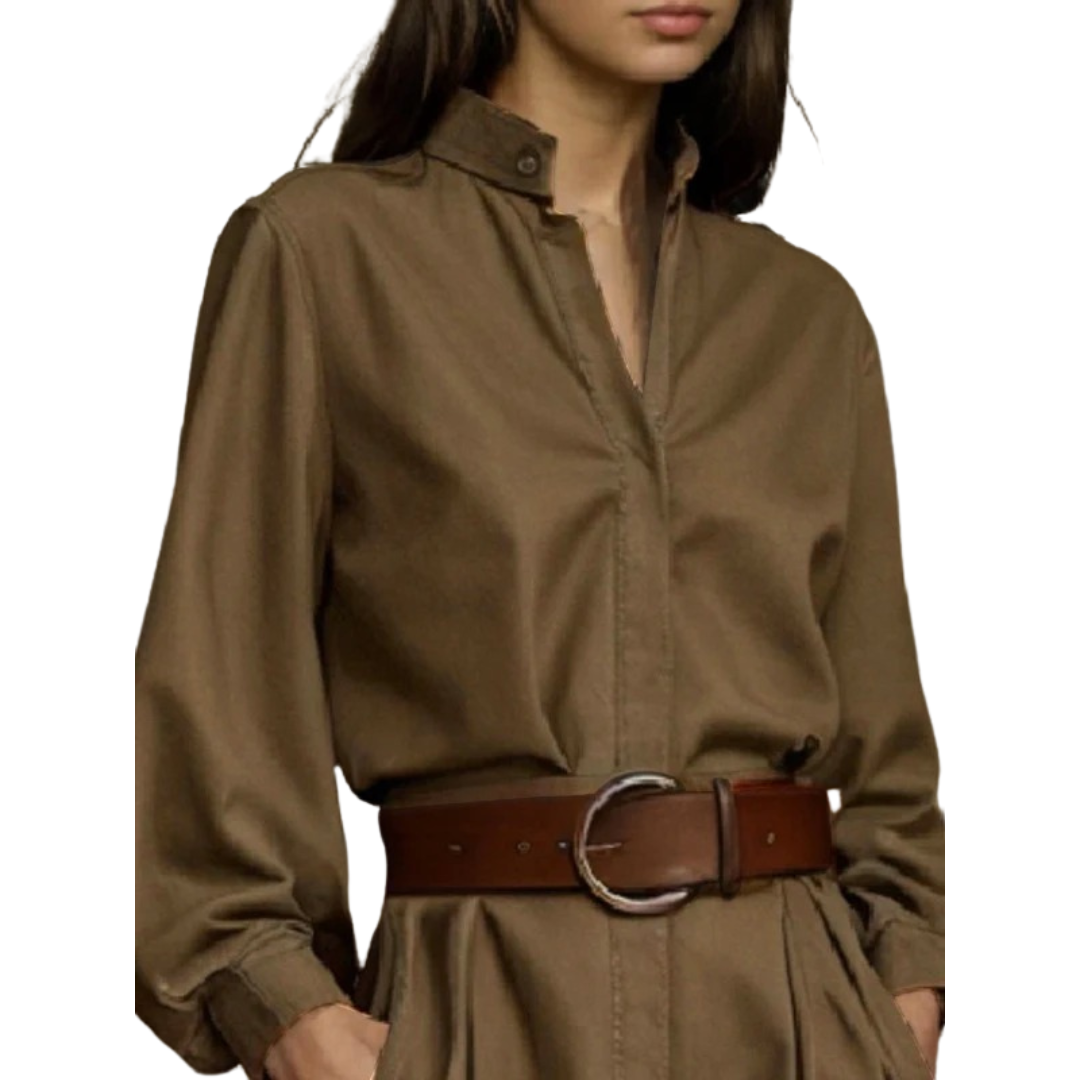 Dame puffærmet off-shoulder bluse, brun, grøn. Elegant og luftig model til hverdags- og festbrug.