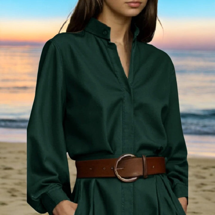 Dame puffærmet off-shoulder bluse, brun, grøn. Elegant og luftig model til hverdags- og festbrug.
