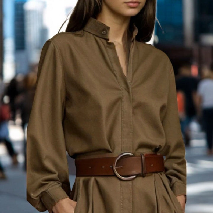 Dame puffærmet off-shoulder bluse, brun, grøn. Elegant og luftig model til hverdags- og festbrug.