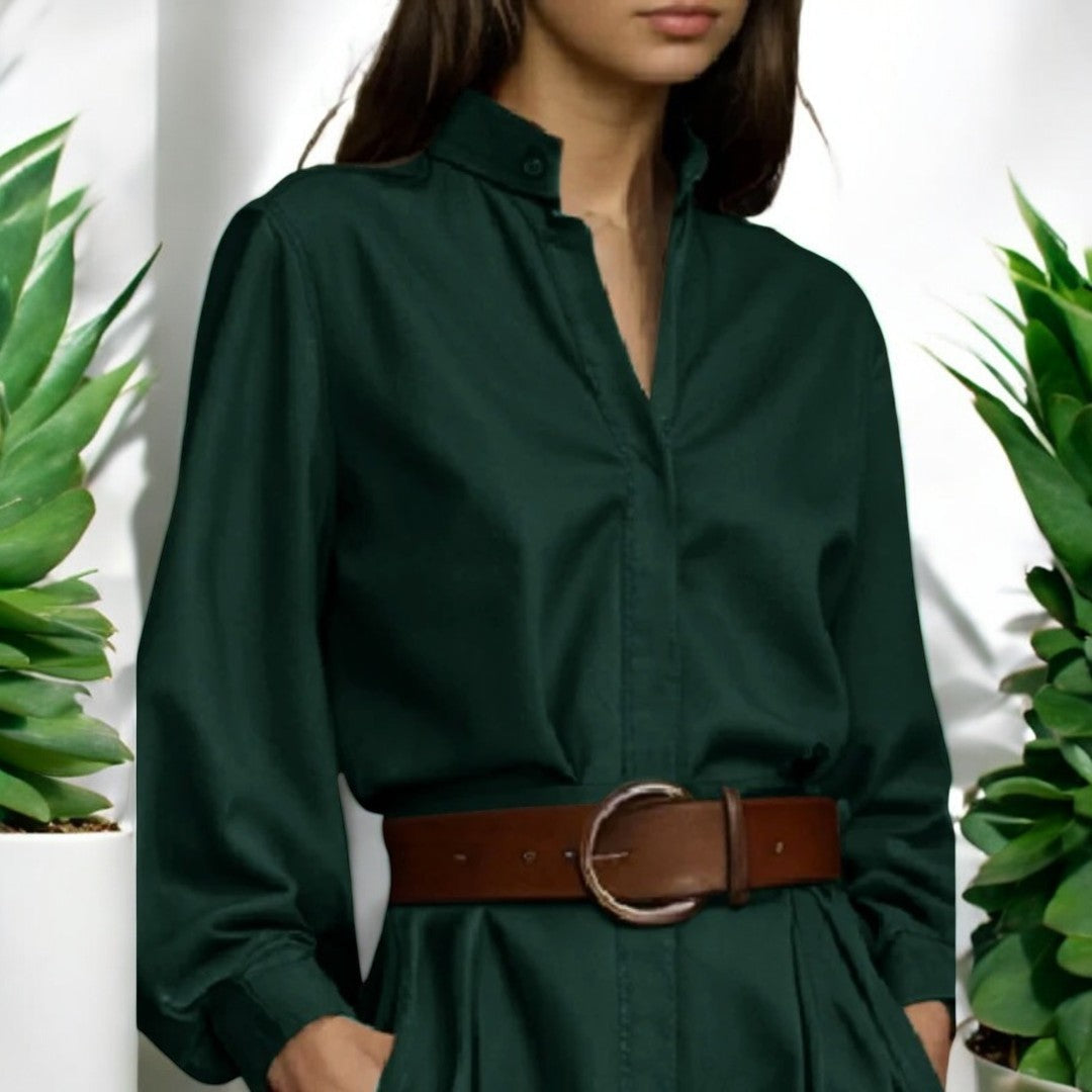 Dame puffærmet off-shoulder bluse, brun, grøn. Elegant og luftig model til hverdags- og festbrug.
