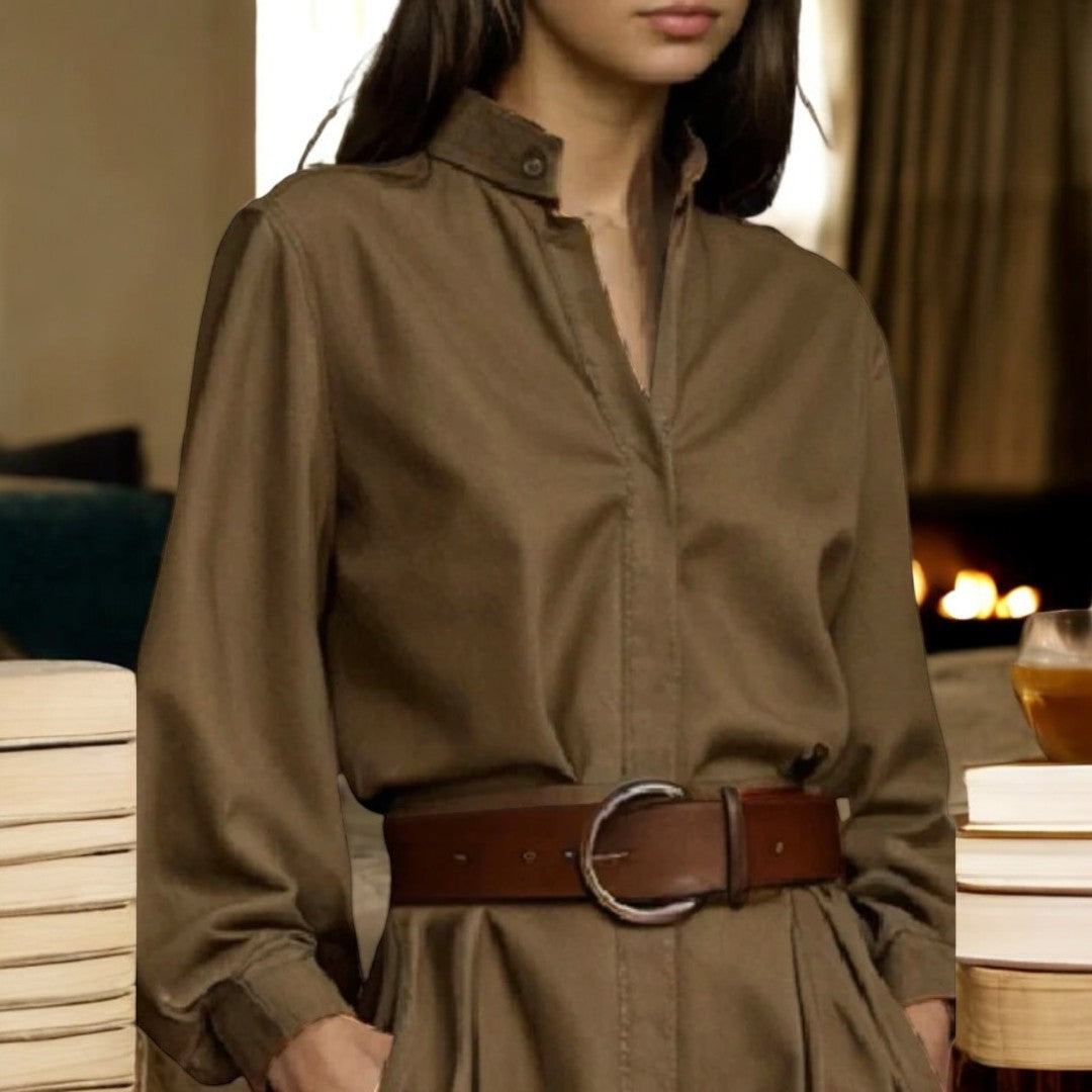 Dame puffærmet off-shoulder bluse, brun, grøn. Elegant og luftig model til hverdags- og festbrug.