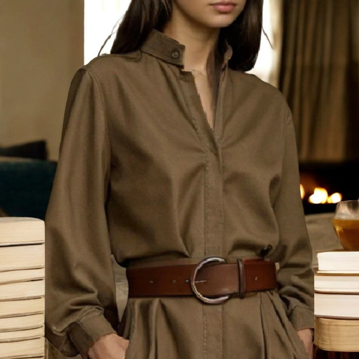 Dame puffærmet off-shoulder bluse, brun, grøn. Elegant og luftig model til hverdags- og festbrug.