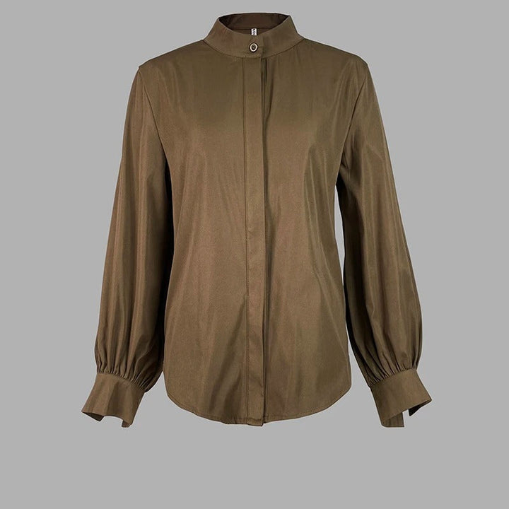 Dame puffærmet off-shoulder bluse, brun, grøn. Elegant og luftig model til hverdags- og festbrug.