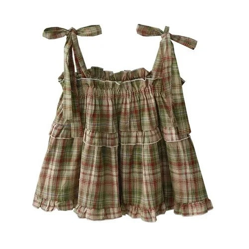 Dame tjekket frakke med snøre, Y2K, ærmeløs, justerbare skulderstropper, vintage-stil, streetwear-look.