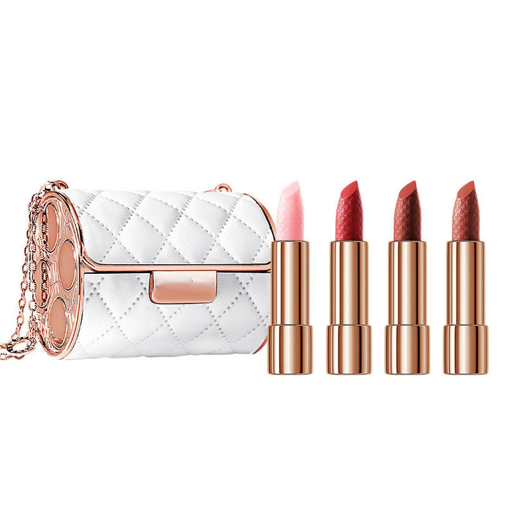 Dame fløjlsagtigt mat læbestift sæt i kæde-clutch, stilfuldt look, dybe nuancer, komplementært skønhedsprodukt.