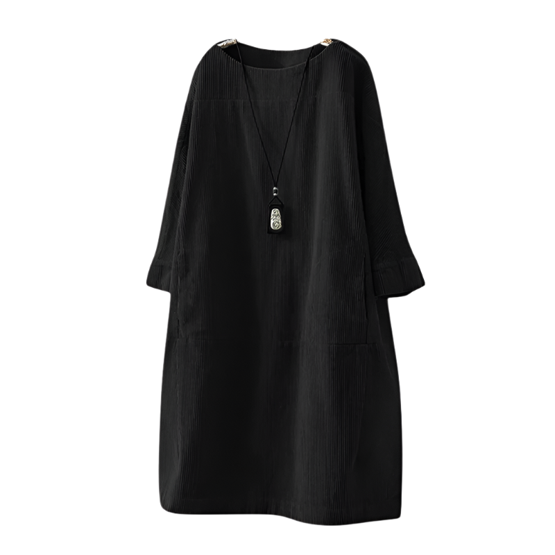 Dame fløjls vintage midi kjole, blødt stof, forside, elegant og feminin design.