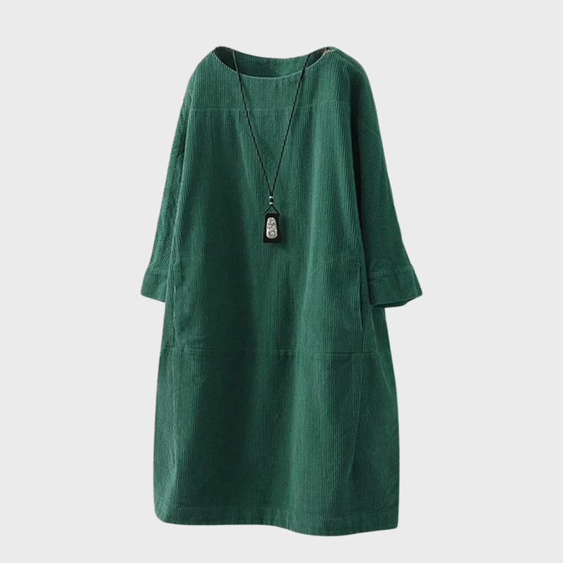 Dame fløjls vintage midi kjole, blødt stof, forside, elegant og feminin design.