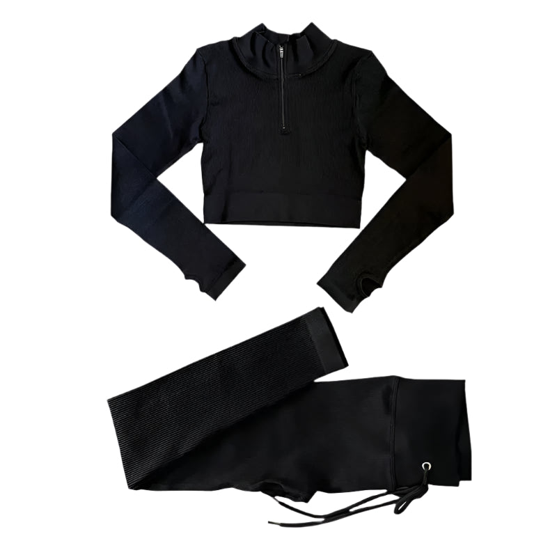Dame sømløst yogasæt til træning; højtaljede leggings, langærmet crop top, elastisk og åndbar.