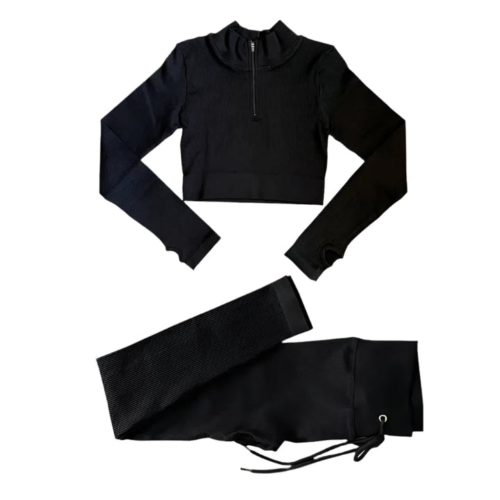 Dame sømløst yogasæt til træning; højtaljede leggings, langærmet crop top, elastisk og åndbar.