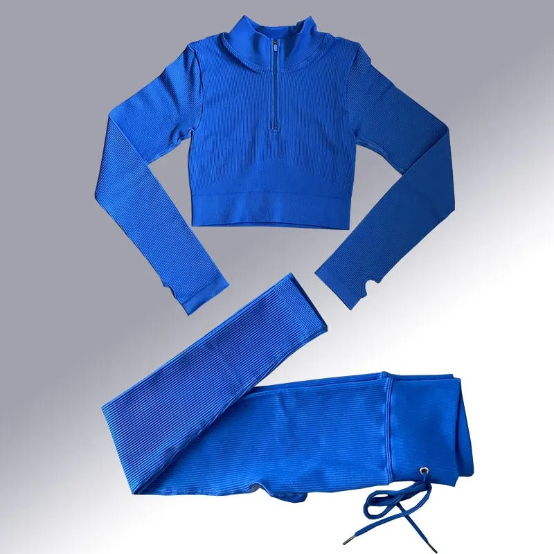 Dame sømløst yogasæt til træning; højtaljede leggings, langærmet crop top, elastisk og åndbar.