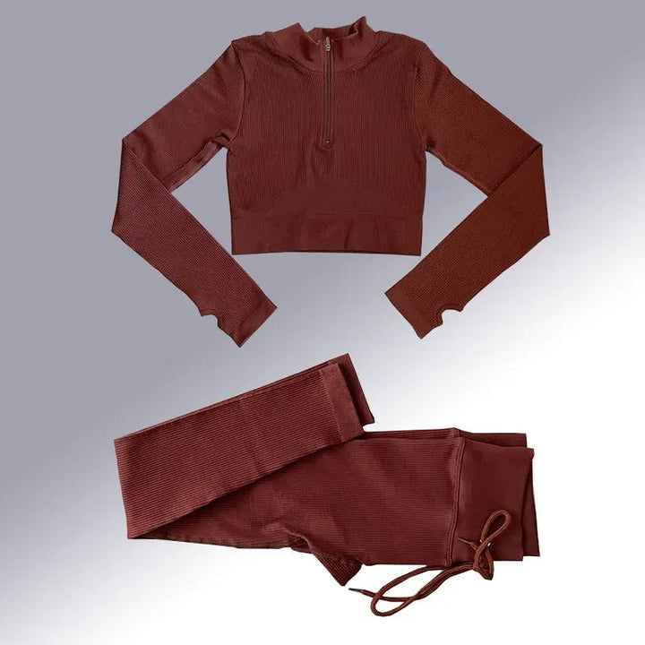 Dame sømløst yogasæt til træning; højtaljede leggings, langærmet crop top, elastisk og åndbar.