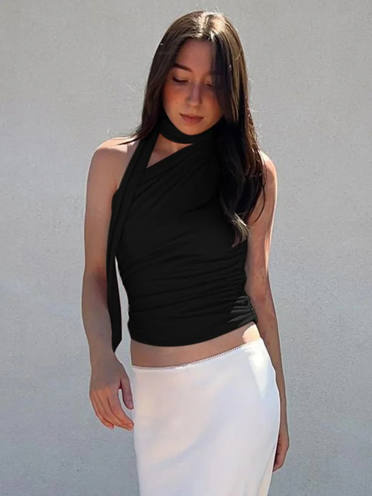 Dame Halterneck Croptop med Åben Ryg og Off-Shoulder, retro-stil, sommer top afslører skuldre og ryg.