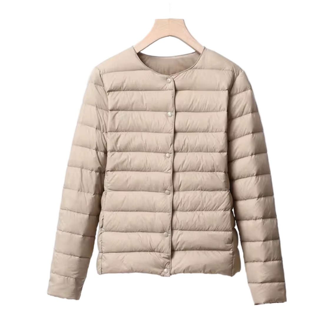 Dame slim fit kravefri vinterjakke, dunfyld, knaplukning, beige grå sort rød, efterår vinter stilfuld.