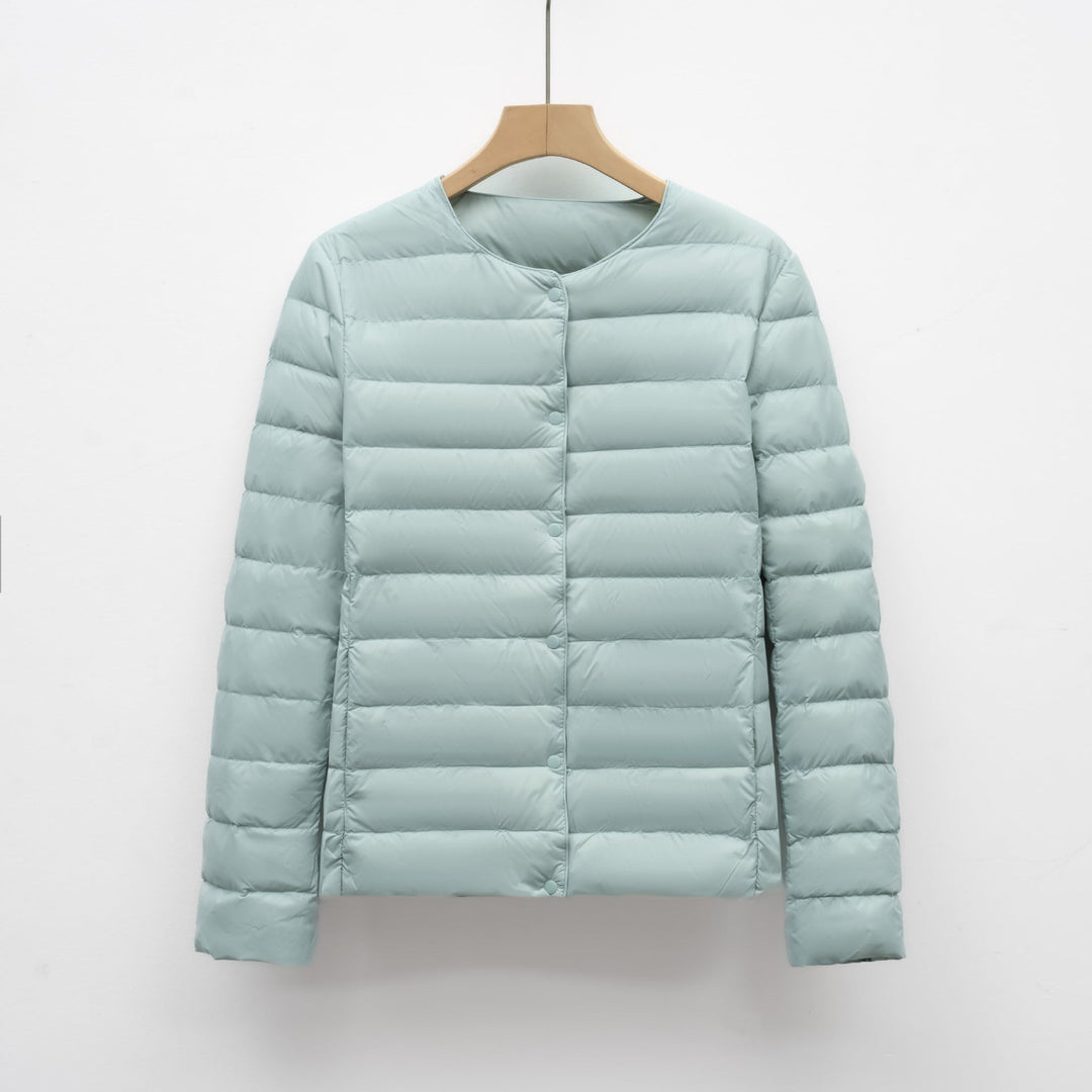 Dame slim fit kravefri vinterjakke, dunfyld, knaplukning, beige grå sort rød, efterår vinter stilfuld.