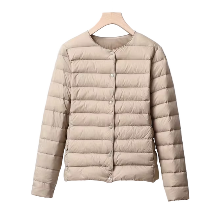 Dame slim fit kravefri vinterjakke, dunfyld, knaplukning, beige grå sort rød, efterår vinter stilfuld.