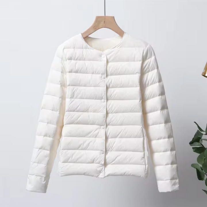 Dame slim fit kravefri vinterjakke, dunfyld, knaplukning, beige grå sort rød, efterår vinter stilfuld.