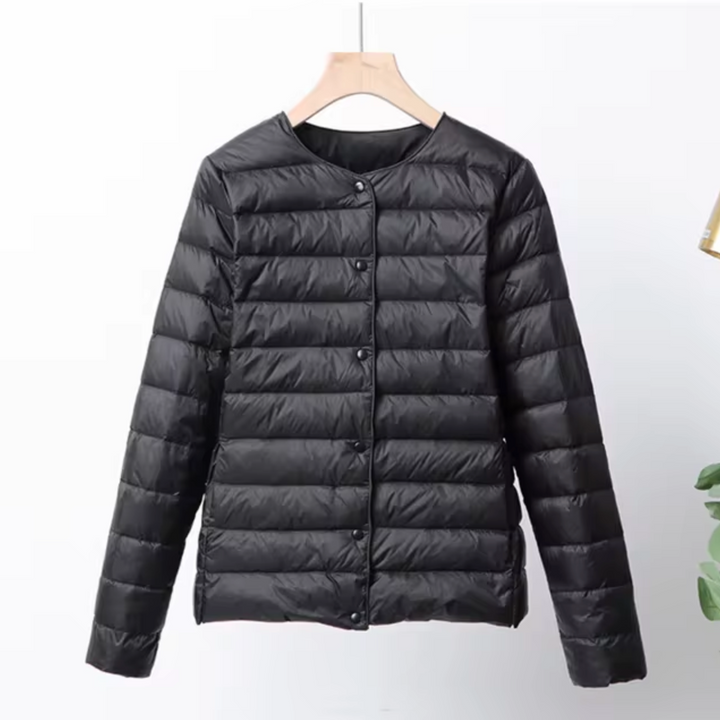 Dame slim fit kravefri vinterjakke, dunfyld, knaplukning, beige grå sort rød, efterår vinter stilfuld.