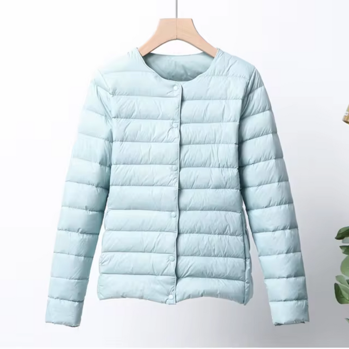 Dame slim fit kravefri vinterjakke, dunfyld, knaplukning, beige grå sort rød, efterår vinter stilfuld.