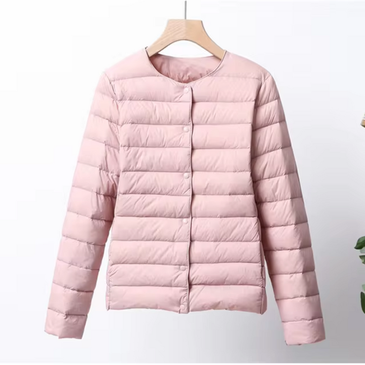 Dame slim fit kravefri vinterjakke, dunfyld, knaplukning, beige grå sort rød, efterår vinter stilfuld.