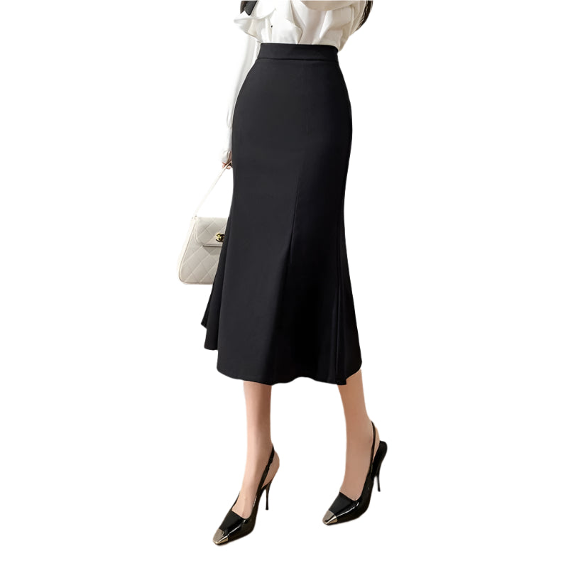 Dame slim fit havfrue nederdel høj talje, mellemlang, sort, flatterende silhuet, elegant og feminin stil