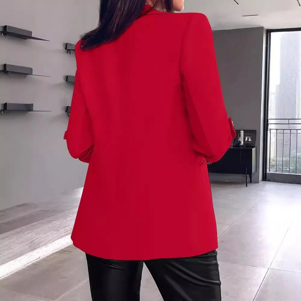 Dame slim-fit blazer, pink farve, åndbart og let materiale, knaplukning, flatterende pasform.