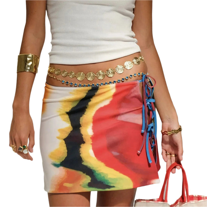 Dame bodycon mini-nederdel, lav talje, livlige farver, justerbar snørebånd, sidedelinger.