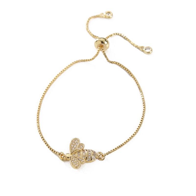 Dame sterling sølv bi armbånd med zirkon, elegant design, reflekterer sollys, justerbar stil.