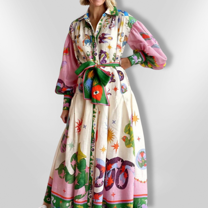 Dame Maxi Kjole med Kunstnerisk Print, Farverig, Lange Ærmer, Elegant og Tidløs Stil. Perfekt til Hverdag og Fest.