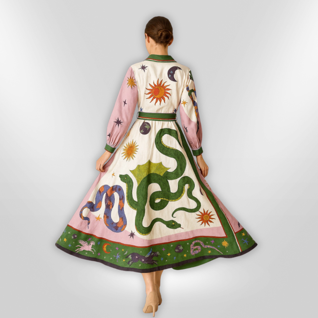 Dame Maxi Kjole med Kunstnerisk Print, Farverig, Lange Ærmer, Elegant og Tidløs Stil. Perfekt til Hverdag og Fest.