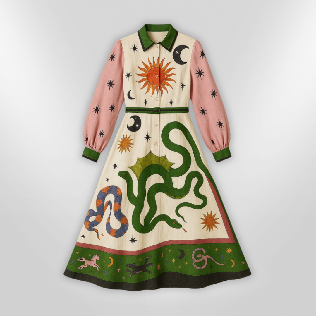 Dame Maxi Kjole med Kunstnerisk Print, Farverig, Lange Ærmer, Elegant og Tidløs Stil. Perfekt til Hverdag og Fest.