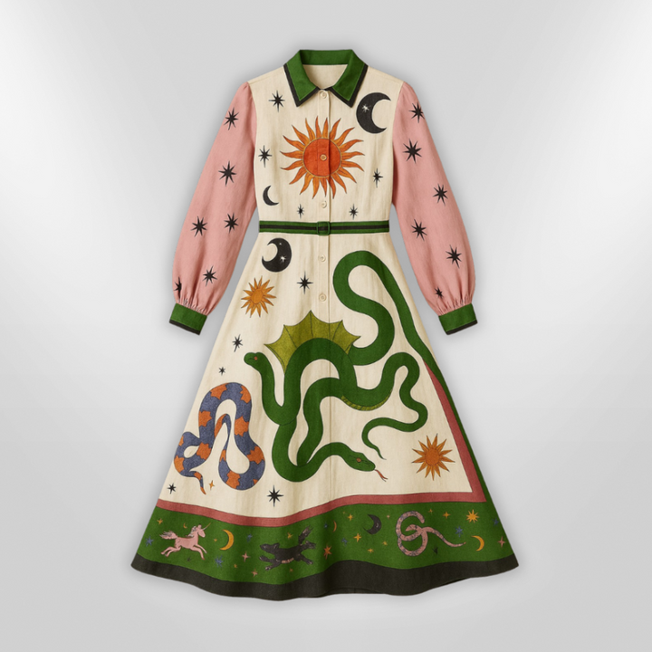 Dame Maxi Kjole med Kunstnerisk Print, Farverig, Lange Ærmer, Elegant og Tidløs Stil. Perfekt til Hverdag og Fest.