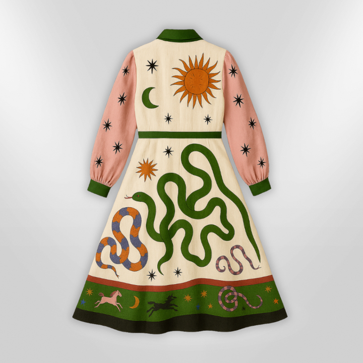 Dame Maxi Kjole med Kunstnerisk Print, Farverig, Lange Ærmer, Elegant og Tidløs Stil. Perfekt til Hverdag og Fest.