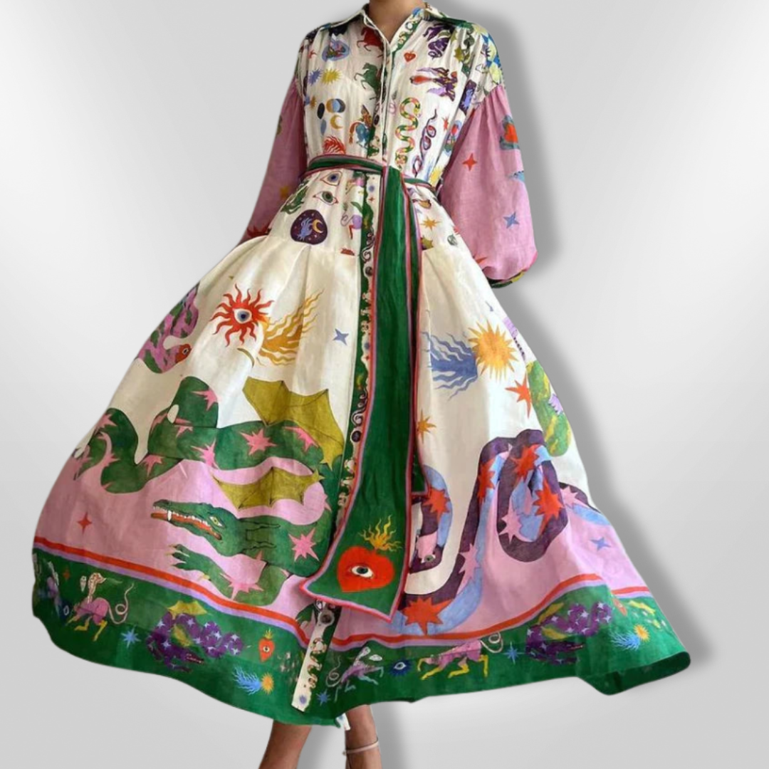 Dame Maxi Kjole med Kunstnerisk Print, Farverig, Lange Ærmer, Elegant og Tidløs Stil. Perfekt til Hverdag og Fest.