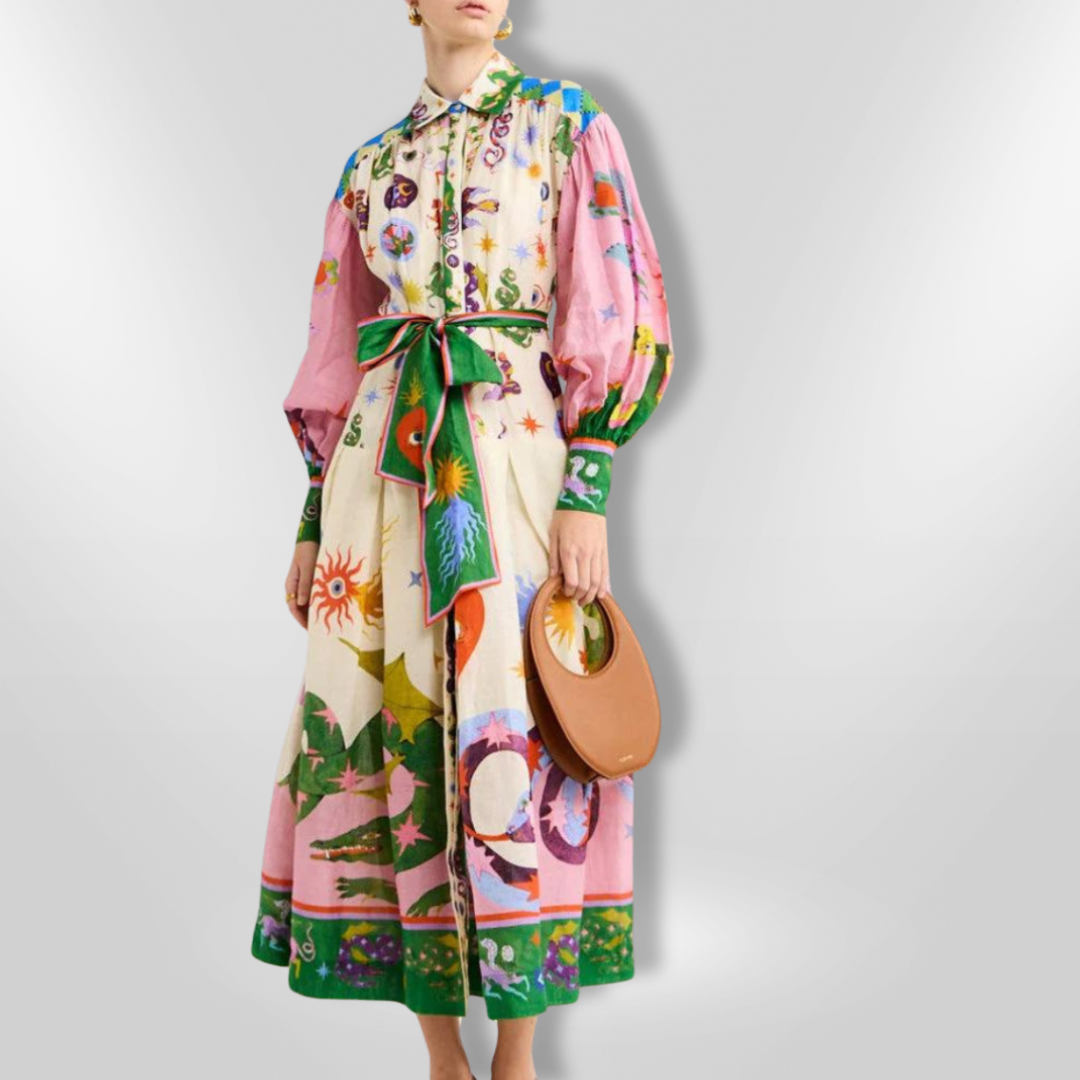 Dame Maxi Kjole med Kunstnerisk Print, Farverig, Lange Ærmer, Elegant og Tidløs Stil. Perfekt til Hverdag og Fest.
