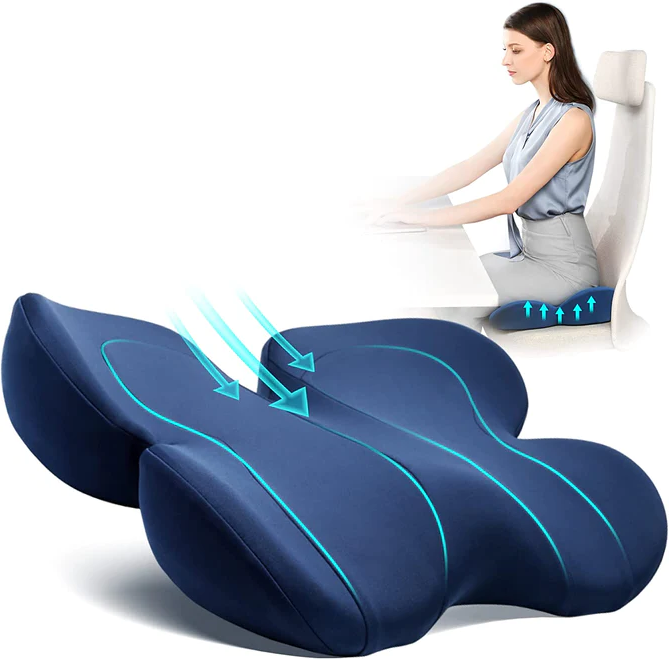 Dame mørkeblå U-formet ergonomisk siddehynde, forbedrer siddekomfort og reducerer ubehag.