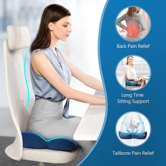 Dame mørkeblå U-formet ergonomisk siddehynde, forbedrer siddekomfort og reducerer ubehag.