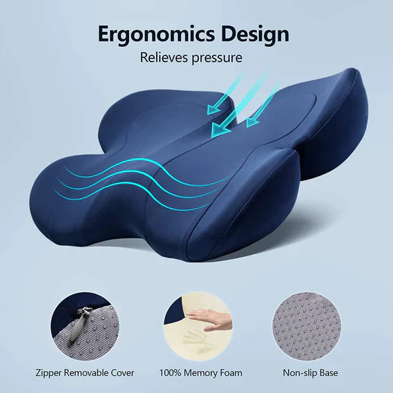Dame mørkeblå U-formet ergonomisk siddehynde, forbedrer siddekomfort og reducerer ubehag.