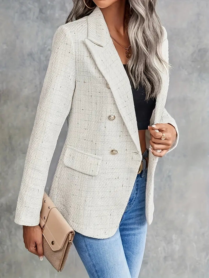 Dame tweed blazer, tidløst design, beige, åndbar og let tweed, elegant og alsidig.