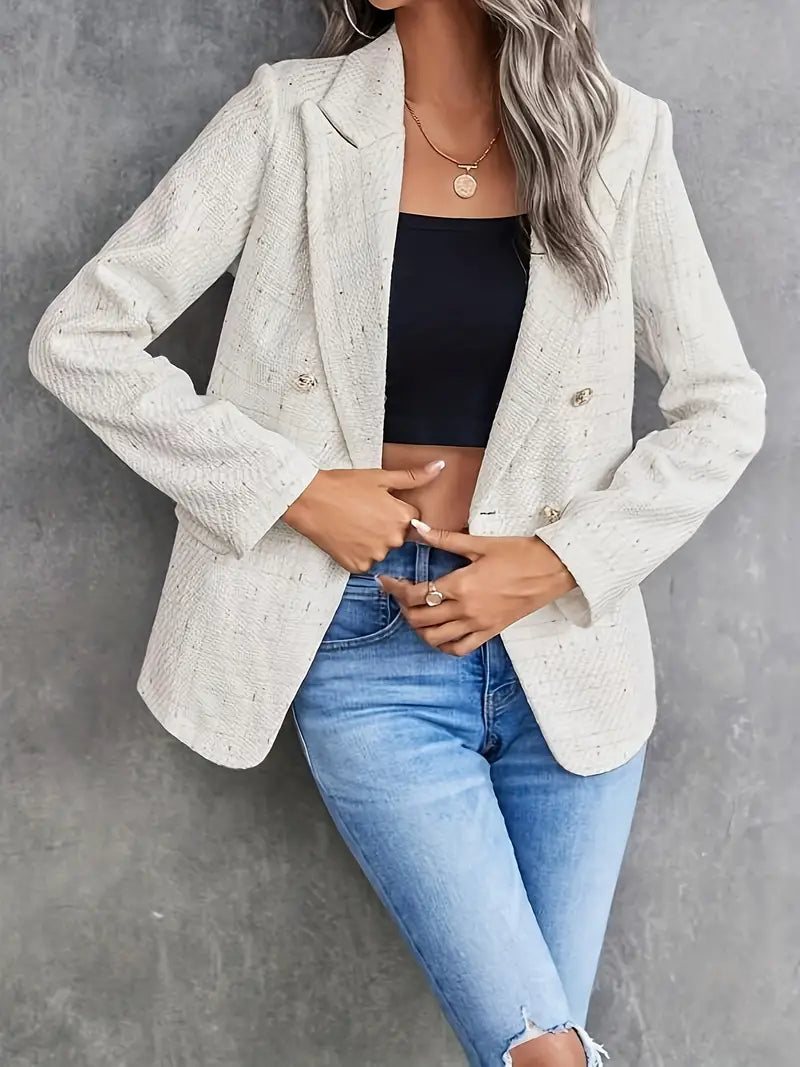 Dame tweed blazer, tidløst design, beige, åndbar og let tweed, elegant og alsidig.
