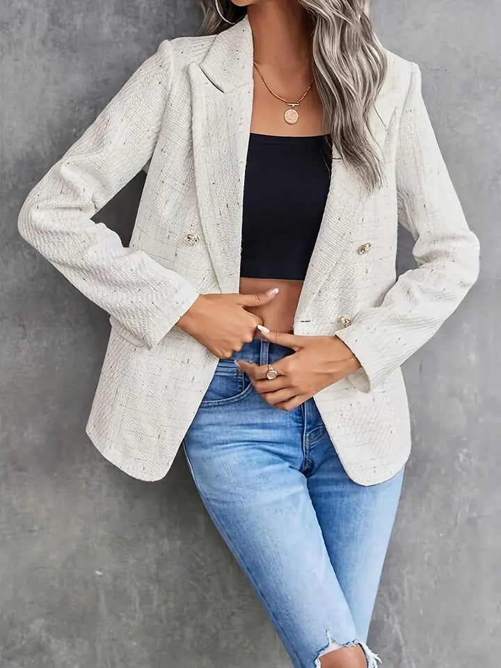 Dame tweed blazer, tidløst design, beige, åndbar og let tweed, elegant og alsidig.