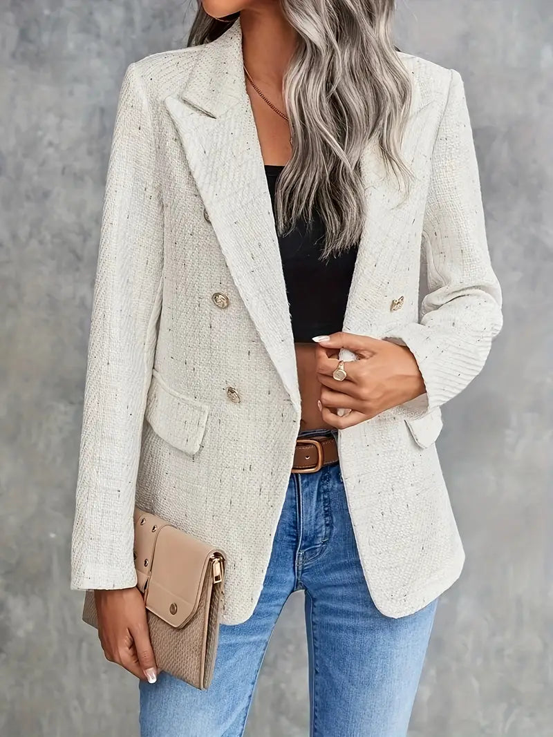 Dame tweed blazer, tidløst design, beige, åndbar og let tweed, elegant og alsidig.