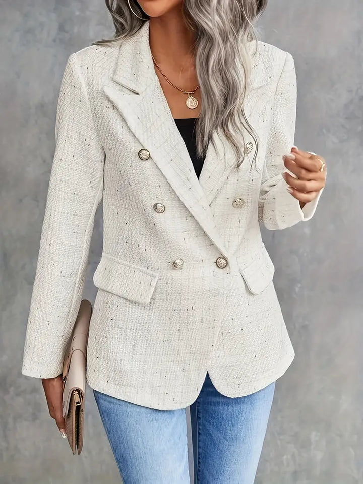 Dame tweed blazer, tidløst design, beige, åndbar og let tweed, elegant og alsidig.