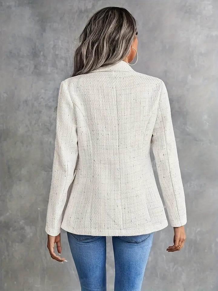 Dame tweed blazer, tidløst design, beige, åndbar og let tweed, elegant og alsidig.